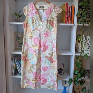 Women's Linen Midi Dress Sheath Butter Yellow Pink Size 38 / Medium Retro Whimsi